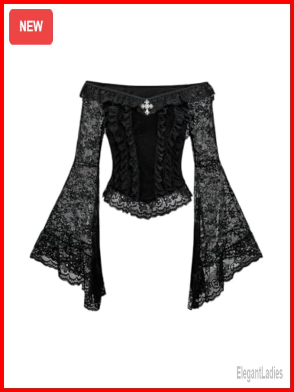 Women's Sheer Mesh Lace Off Shoulder Gothic Top Long Sleeve Crop Tee